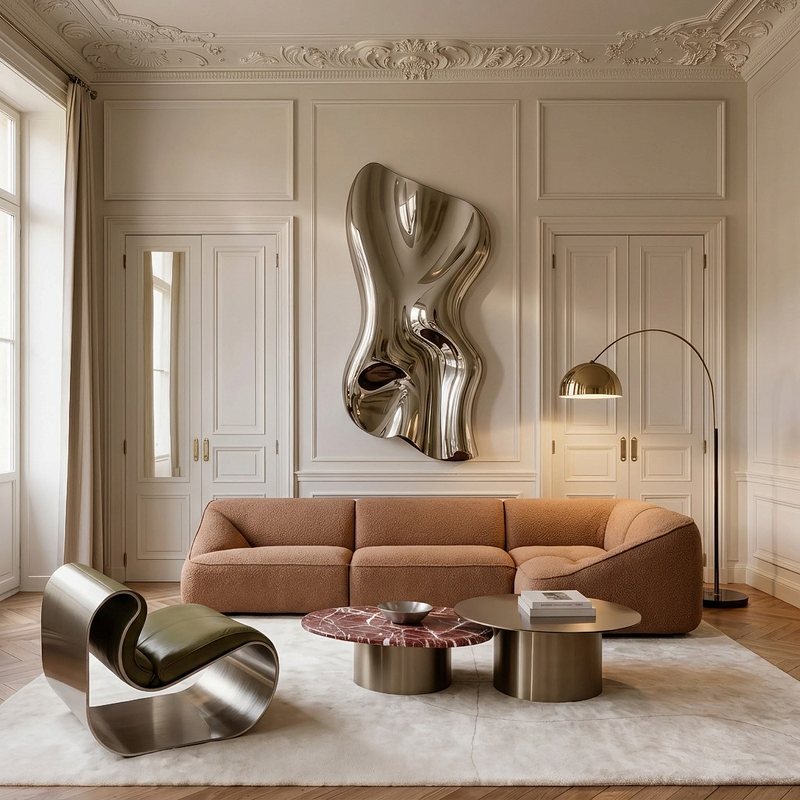 Indoor furniture: a curved boucl&eacute; sofa and a steel lounge chair in a panelled salon