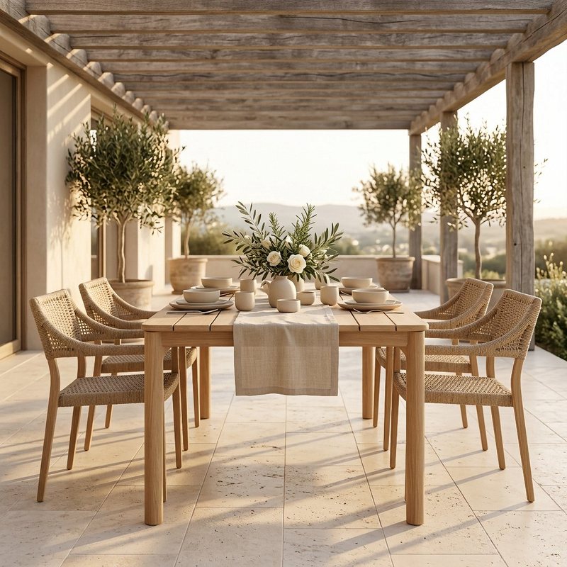Outdoor furniture: a teak dining table laid for six under a timber pergola