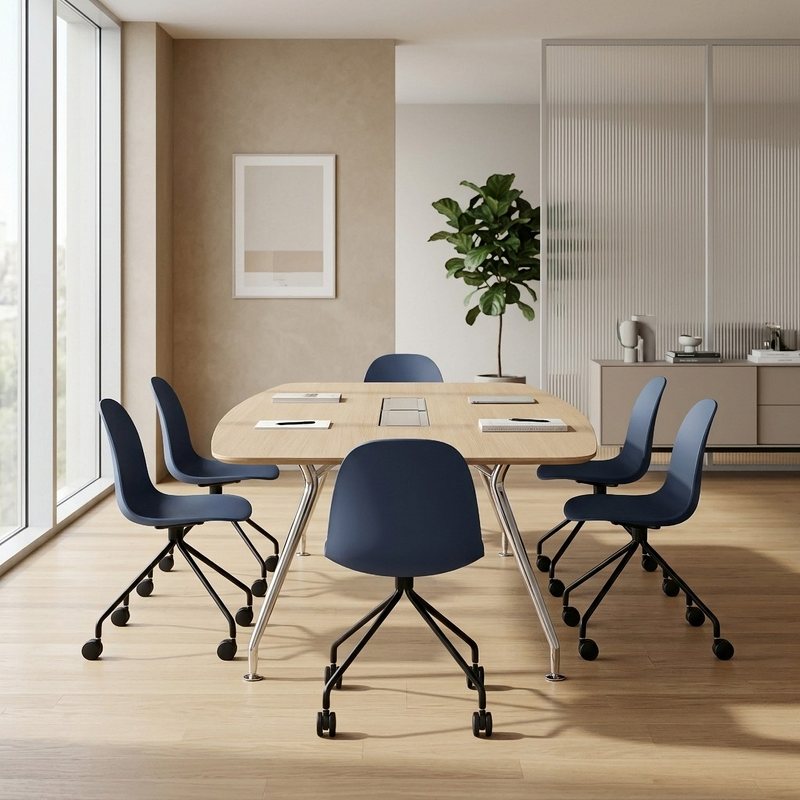 Workspace: an oak meeting table with blue task chairs in a daylit office